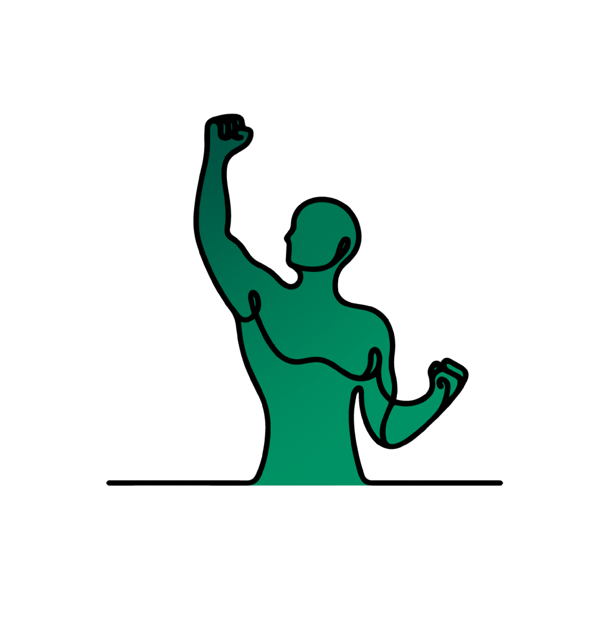 Groen lijnicoon van een persoon met een opgeheven arm op een zwarte achtergrond