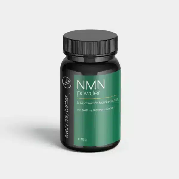 NMN Poeder 15g van Every Day Better in een zwarte fles met groen etiket