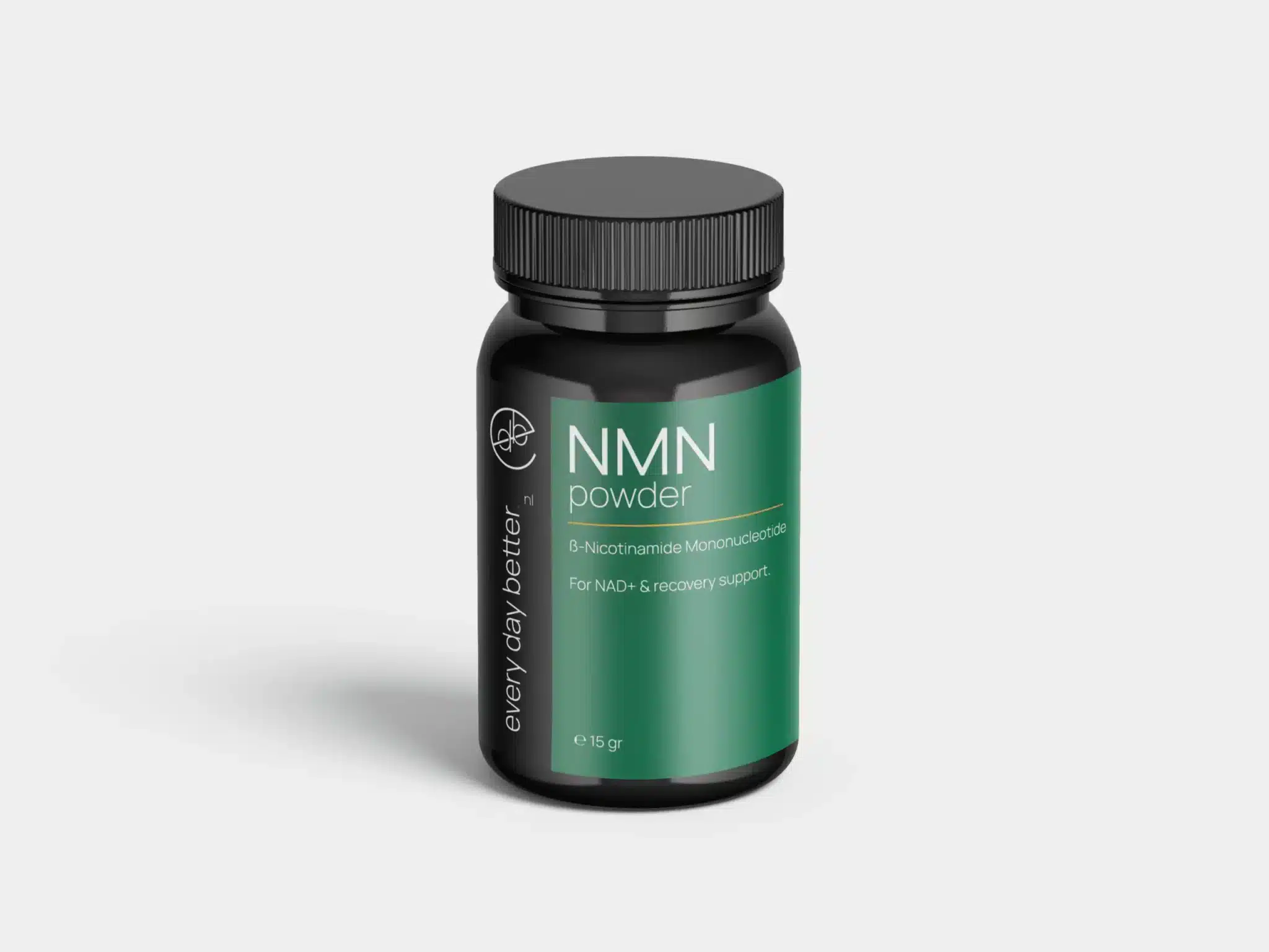 NMN Poeder 15g van Every Day Better in een zwarte fles met groen etiket
