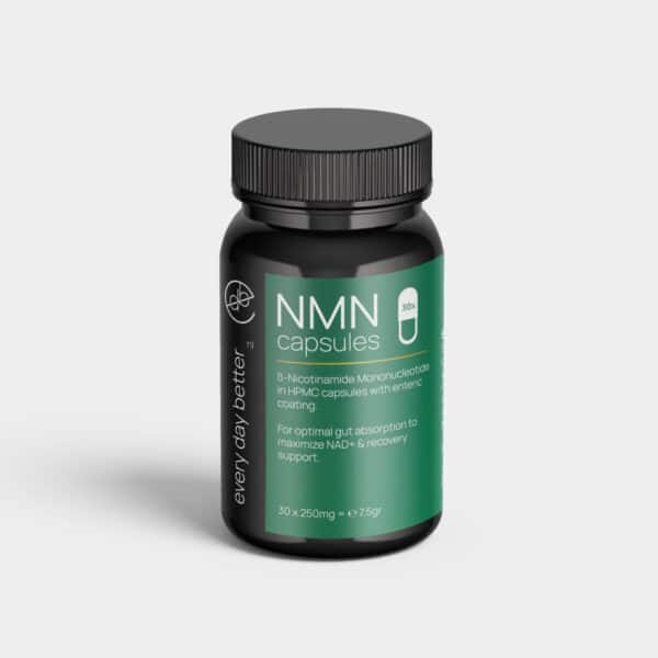 Every Day Better NMN capsules 30x250mg in a black bottle with a green label