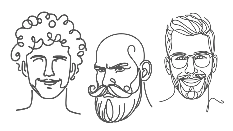 Minimalist black-and-white line drawing of three men's faces with different hairstyles and beards