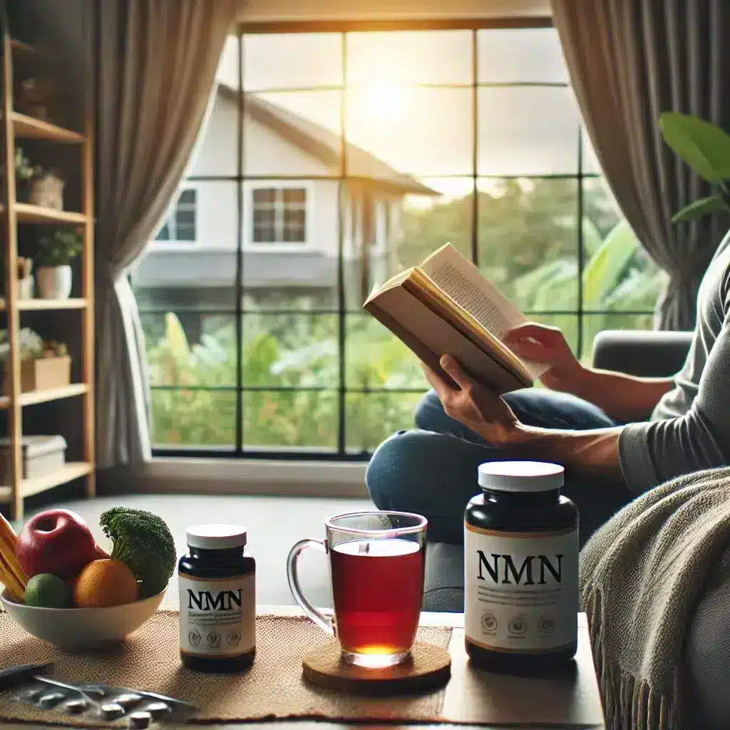 NMN nieuws | Persoon leest gezondheidsboek thuis met NMN supplementen en vers fruit, symbool voor herstel van Long COVID.