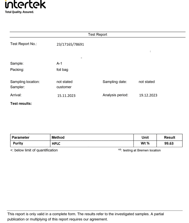 EveryDayBetter NMN certificates with 99.63% purity, tested by Intertek