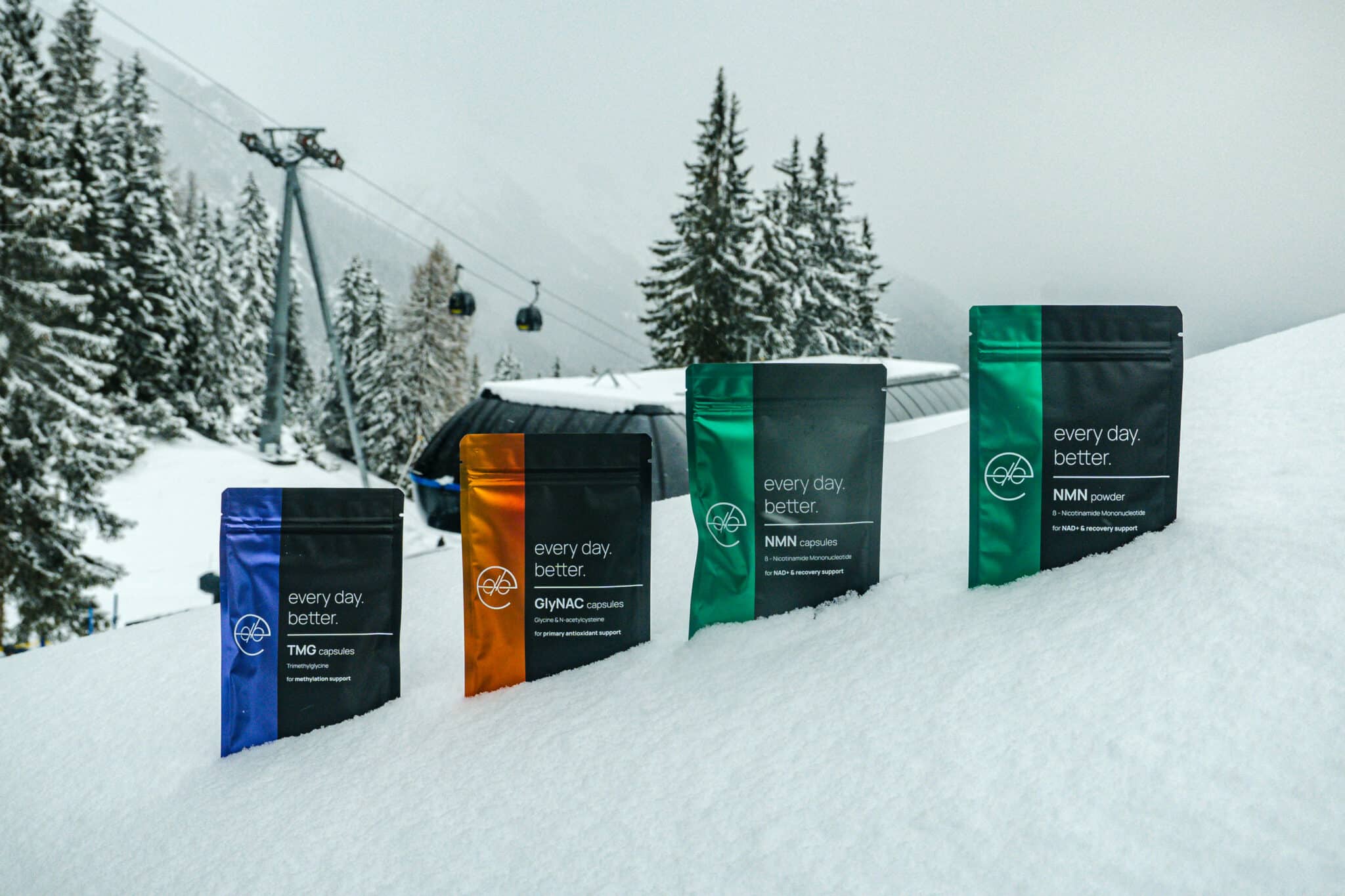 View all Every Day Better Longevity and vitality supplements side by side in the snow