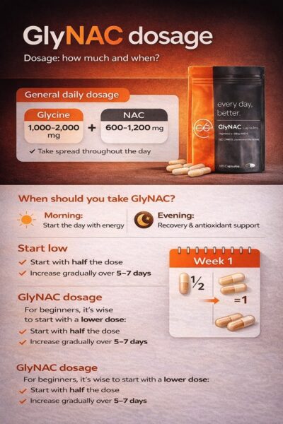 GlyNAC dosage infographic with recommended daily amount of glycine and NAC and moments of intake