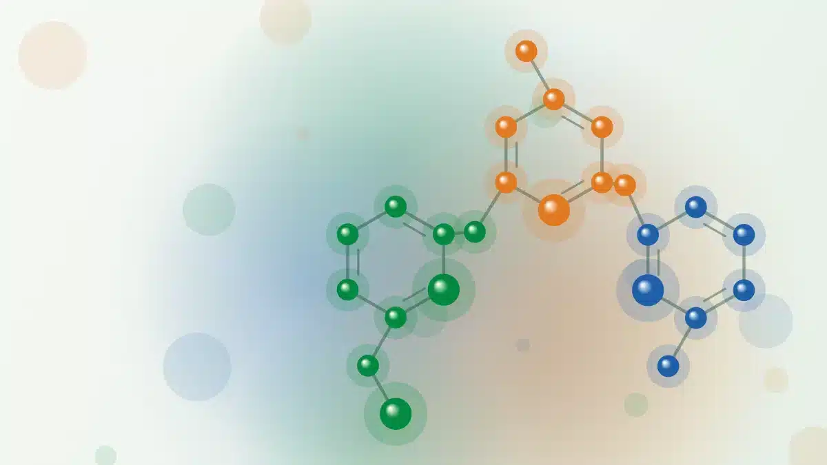 Abstracte illustratie van drie verbonden molecuulstructuren in de kleuren van NMN, TMG en GlyNAC – bij het artikel: Longevity supplementen in 2026: wat helpt bij energie en vermoeidheid?