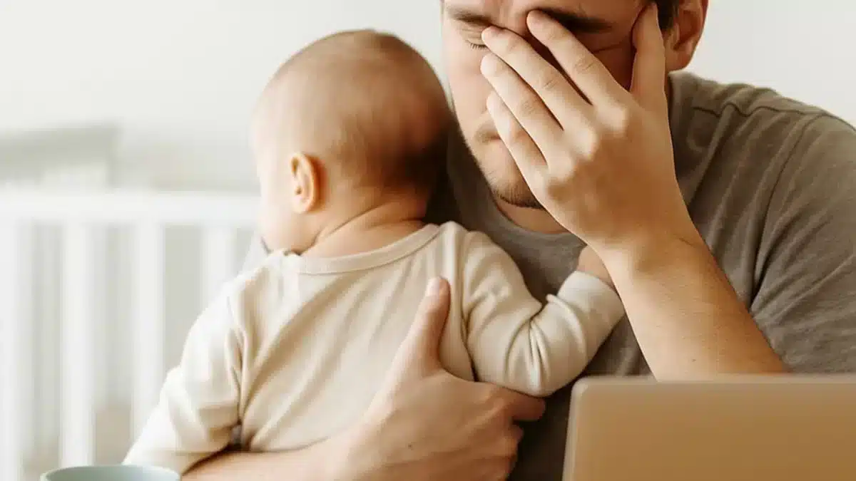 NMN ervaring: vermoeide ouder met een baby op schoot en een hand tegen het gezicht