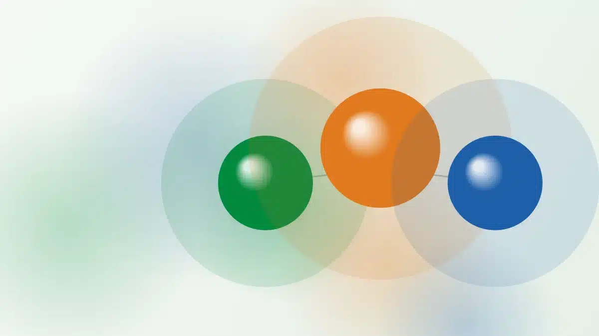 Illustration of three connected spheres in the colours of NMN, TMG and GlyNAC – for the article: NMN, TMG, and GlyNAC: The Longevity Stack for NAD⁺, Methylation, and Glutathione in 2026