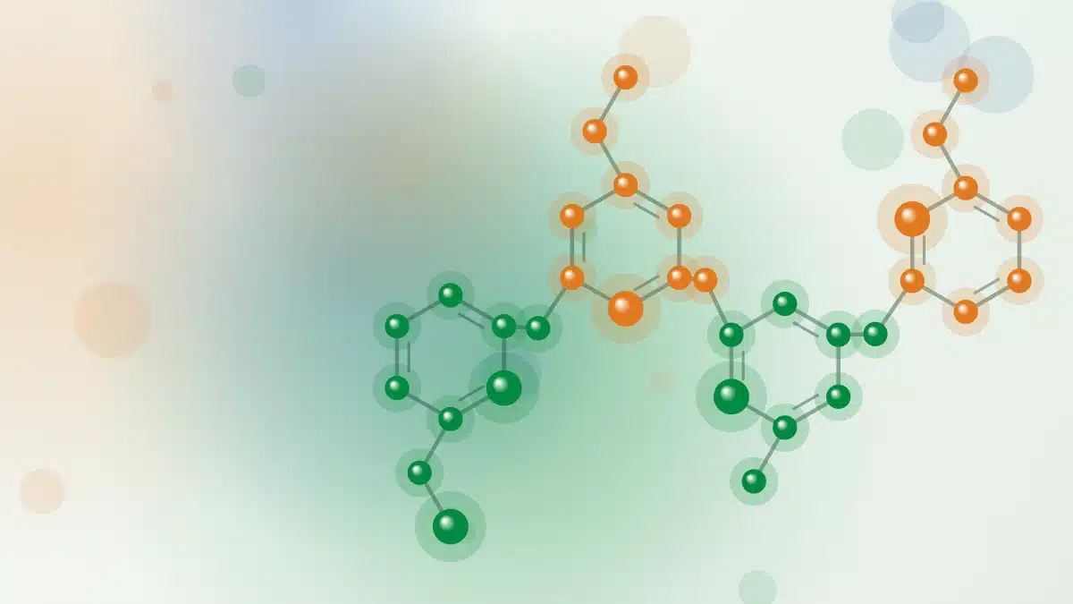 Abstract illustration of connected molecular structures – for the article: NMN & TMG Bundle: what the latest science (2026) says about this longevity combination